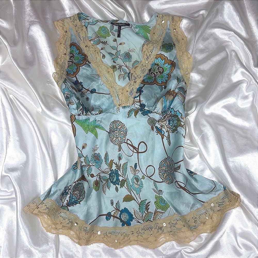 y2k Cami Top Blue Excellent Daisy Fuentes Floral Lace Sequin silk Tank S
